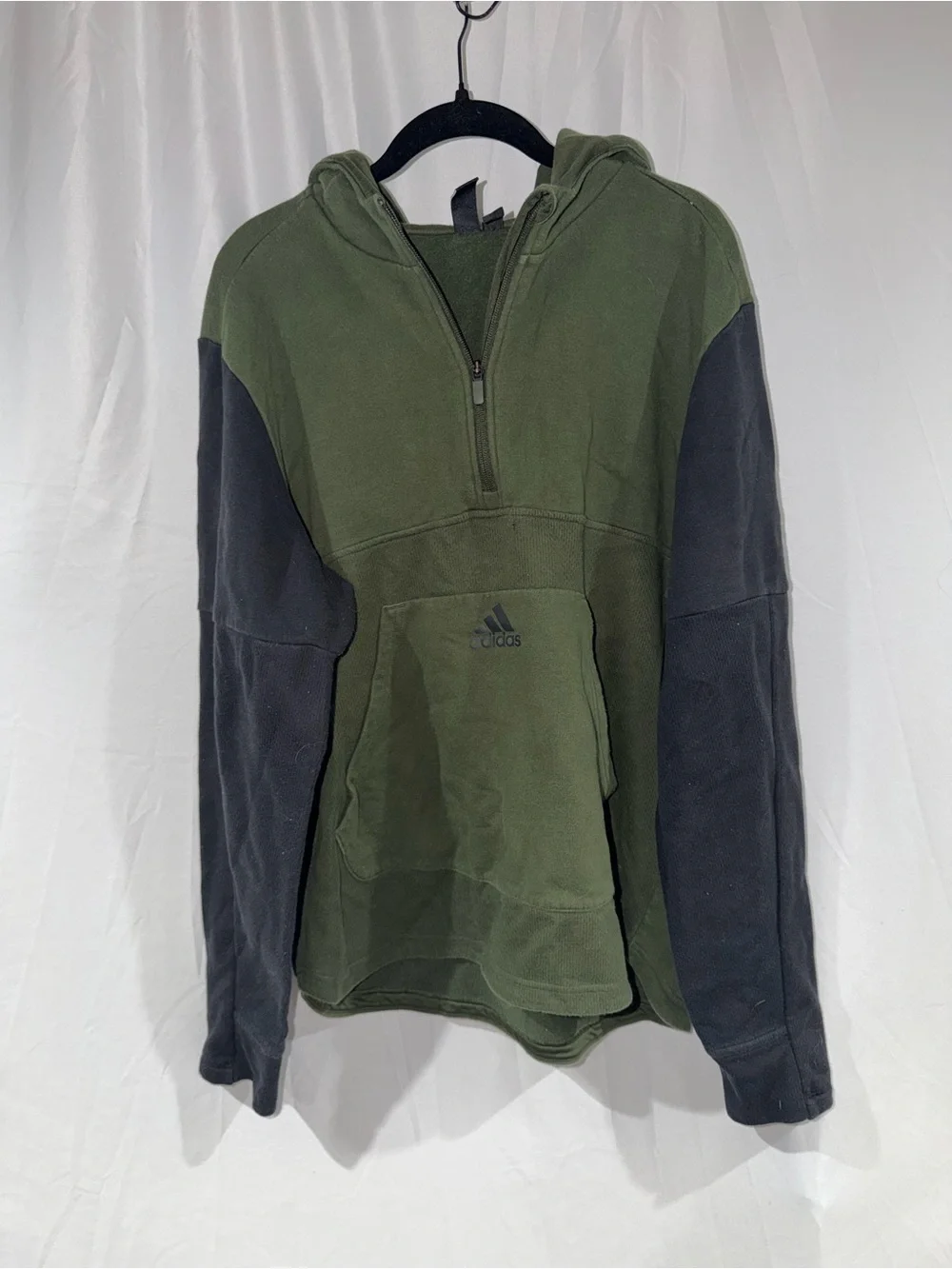 Adidas Hoodie Olive Green Black Half-Zip Up Long Sleeve Pull Over Top XL